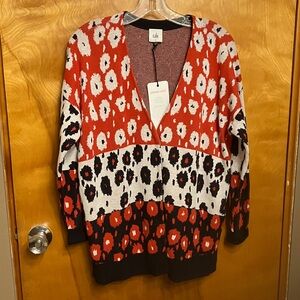 CABI. OVERSIZED Cardigan. Red, Cream & Black Mixed Animal-Print. Size Small. NWT